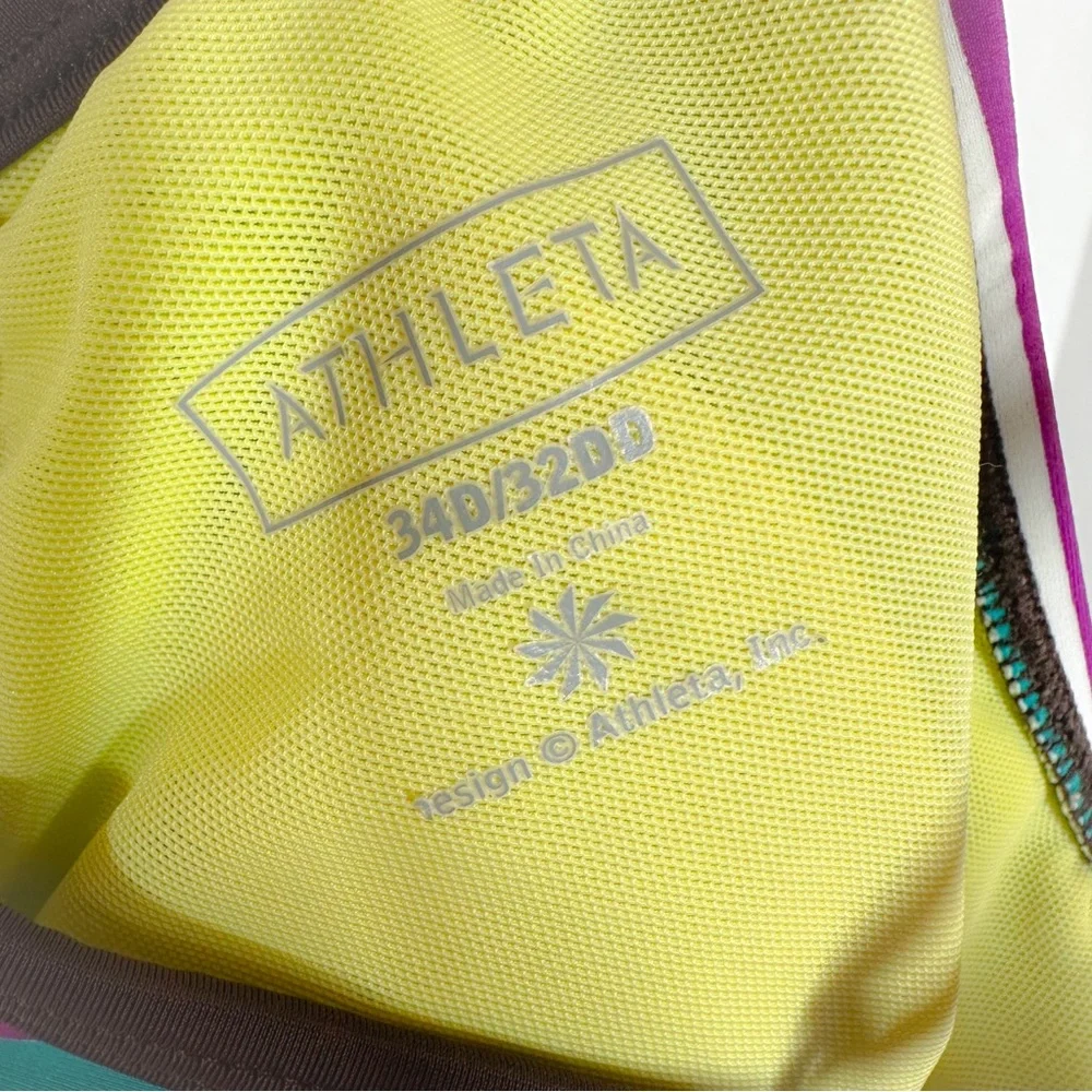 Athleta Womens Striped Swim Top Criss Cross Straps Green Brown Blue 34D/32DD